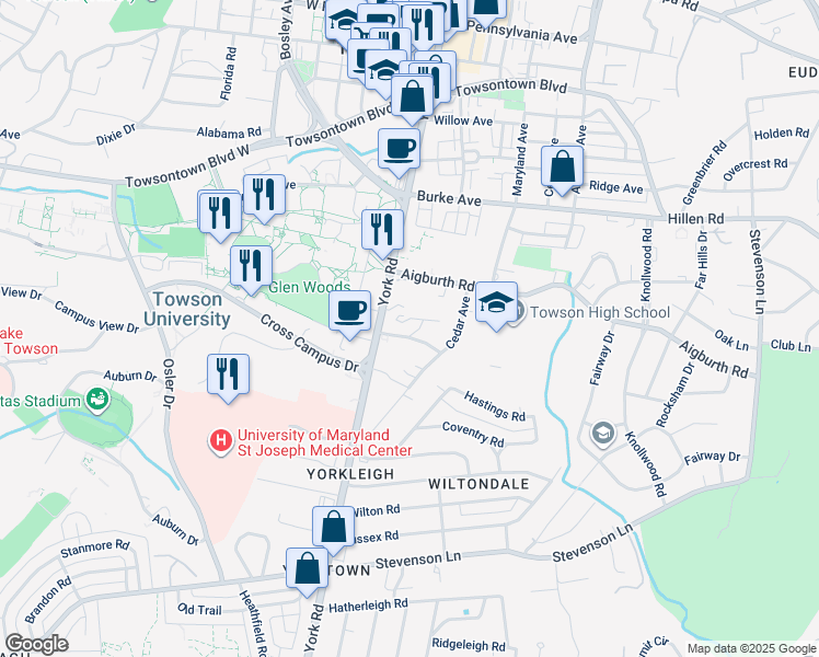 map of restaurants, bars, coffee shops, grocery stores, and more near 11 Hillside Avenue in Towson