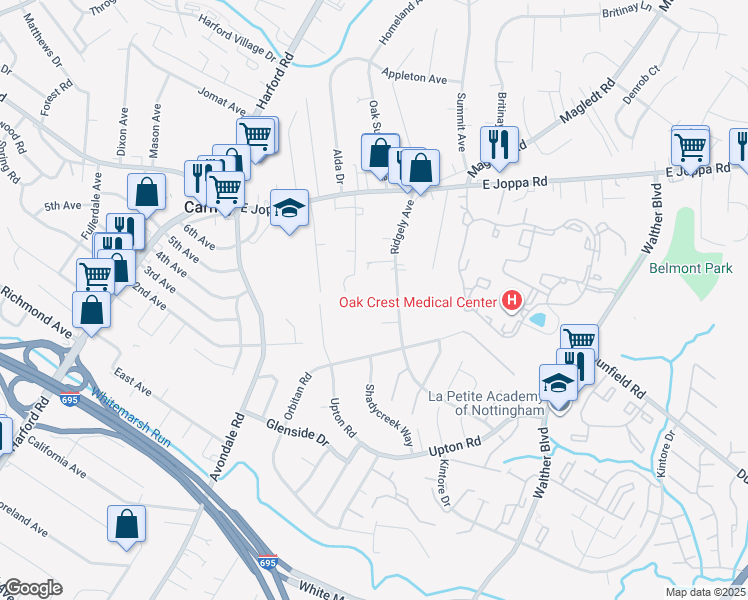 map of restaurants, bars, coffee shops, grocery stores, and more near 9422 Ridgely Avenue in Parkville