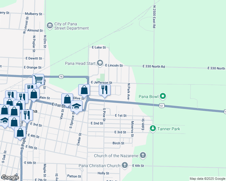 map of restaurants, bars, coffee shops, grocery stores, and more near 200 North Pine Street in Pana