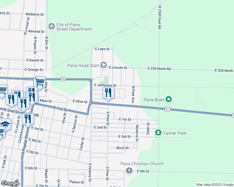 map of restaurants, bars, coffee shops, grocery stores, and more near 200 North Pine Street in Pana