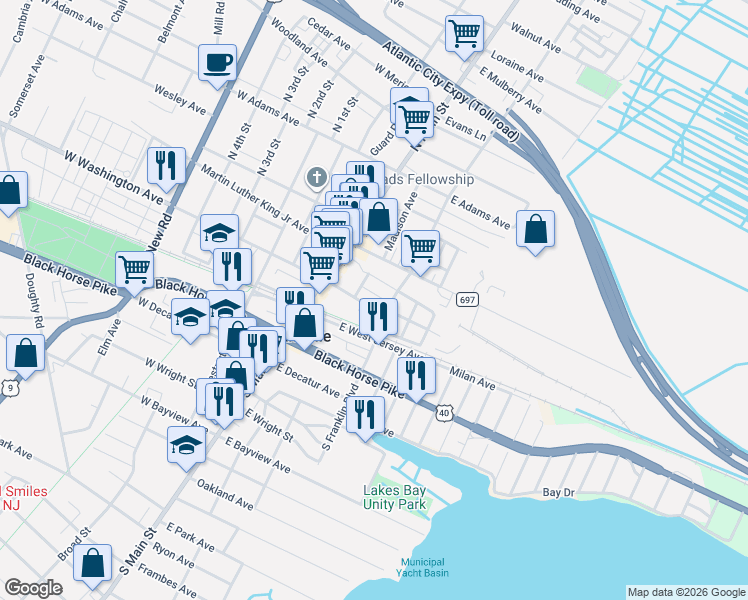 map of restaurants, bars, coffee shops, grocery stores, and more near 7 North Franklin Boulevard in Pleasantville