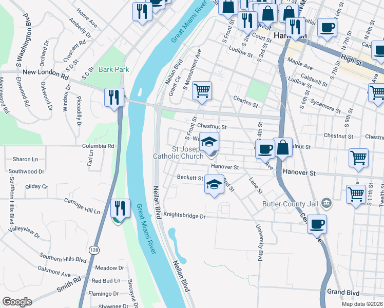 map of restaurants, bars, coffee shops, grocery stores, and more near 124 Washington Street in Hamilton