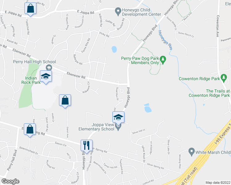 map of restaurants, bars, coffee shops, grocery stores, and more near 8942 Quail Run Drive in Perry Hall