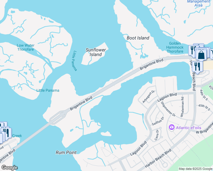 map of restaurants, bars, coffee shops, grocery stores, and more near 4621 Atlantic Brigantine Boulevard in Brigantine
