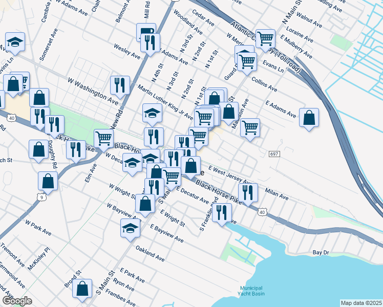 map of restaurants, bars, coffee shops, grocery stores, and more near 49 South Main Street in Pleasantville