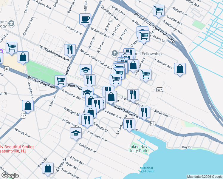 map of restaurants, bars, coffee shops, grocery stores, and more near 49 South Main Street in Pleasantville