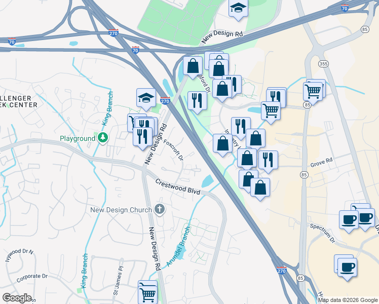 map of restaurants, bars, coffee shops, grocery stores, and more near 5824 Whitfield Court in Frederick