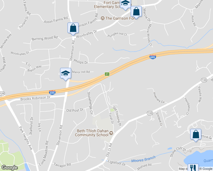 map of restaurants, bars, coffee shops, grocery stores, and more near 3104 Old Post Drive in Pikesville