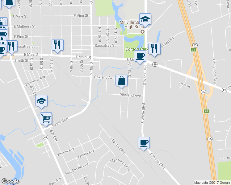 map of restaurants, bars, coffee shops, grocery stores, and more near 1302 Pineland Avenue in Millville