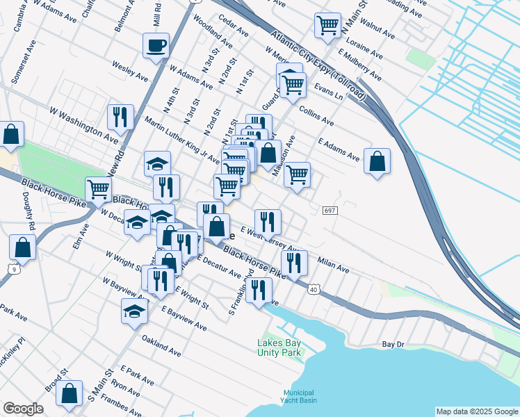 map of restaurants, bars, coffee shops, grocery stores, and more near 7 North Franklin Boulevard in Pleasantville