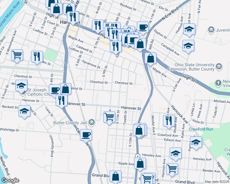 map of restaurants, bars, coffee shops, grocery stores, and more near 421 South 11th Street in Hamilton