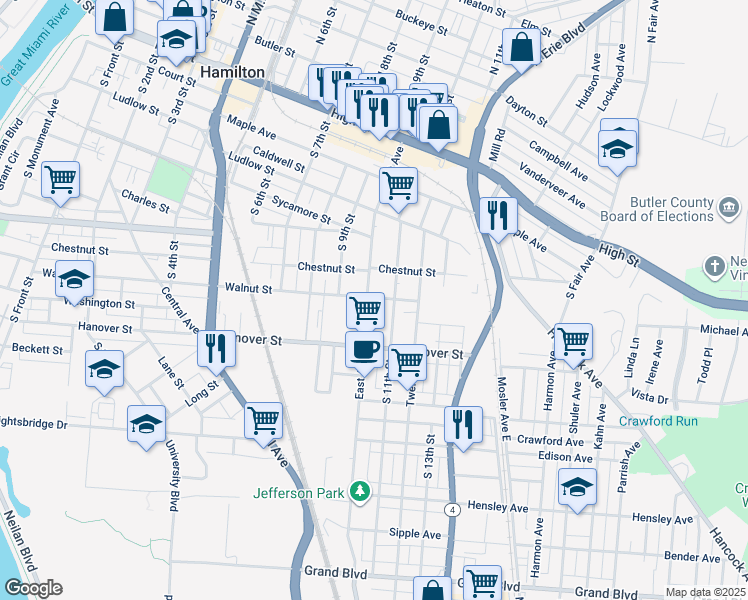 map of restaurants, bars, coffee shops, grocery stores, and more near 421 South 11th Street in Hamilton