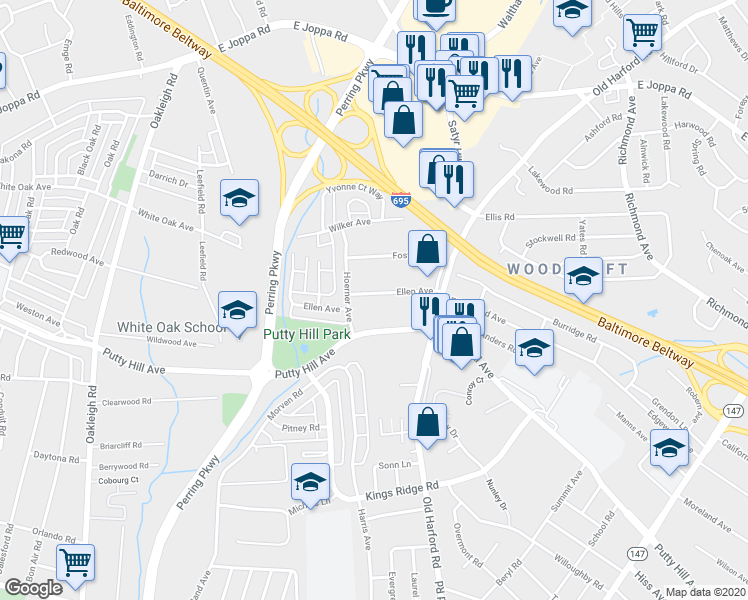 map of restaurants, bars, coffee shops, grocery stores, and more near 2307 Ellen Avenue in Parkville