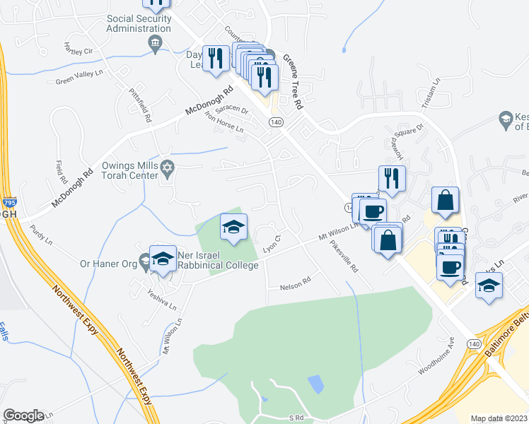 map of restaurants, bars, coffee shops, grocery stores, and more near 309 Chalk Hill Drive in Pikesville