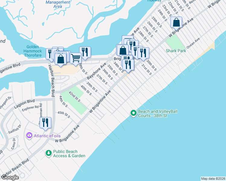 map of restaurants, bars, coffee shops, grocery stores, and more near 300 37th Street South in Brigantine