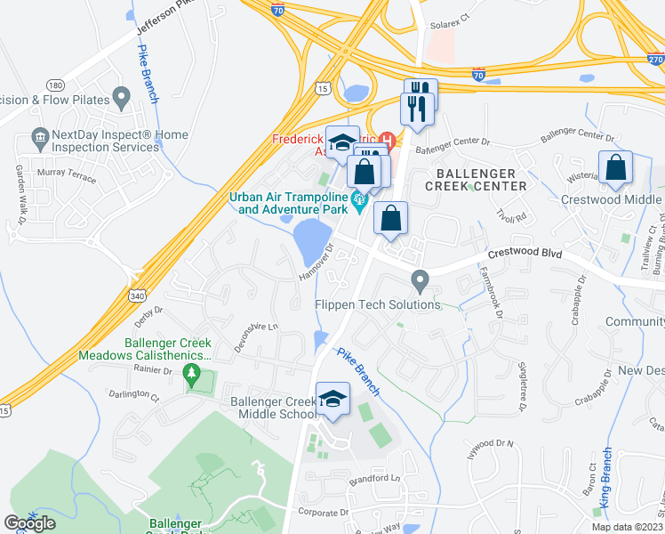 map of restaurants, bars, coffee shops, grocery stores, and more near 6589 Willard Horine Court in Frederick