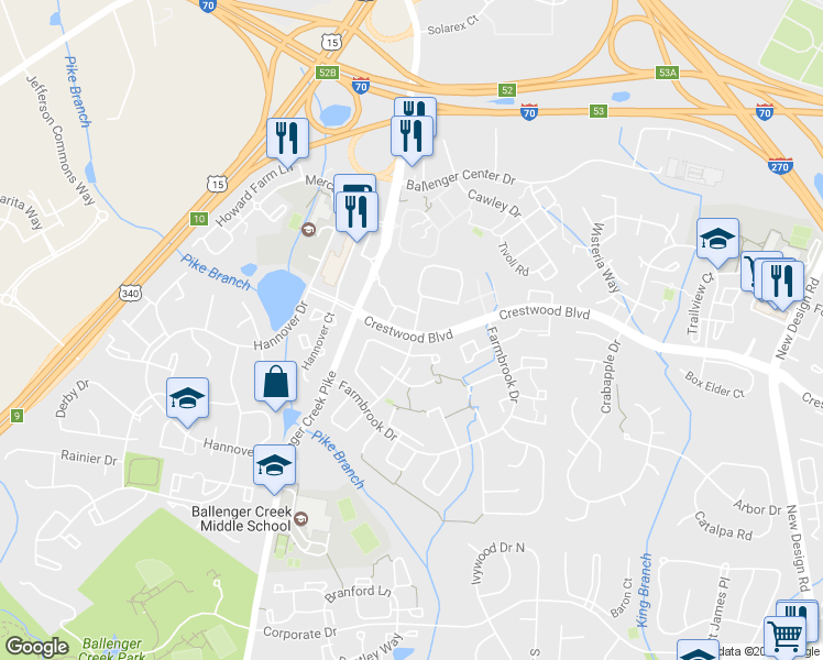 map of restaurants, bars, coffee shops, grocery stores, and more near 6602 Crestwood Boulevard in Frederick