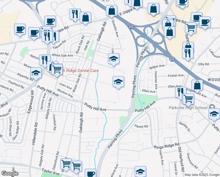 map of restaurants, bars, coffee shops, grocery stores, and more near 1915 Redwood Avenue in Parkville