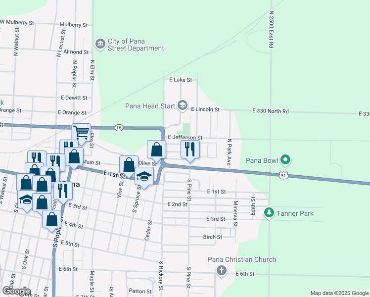 map of restaurants, bars, coffee shops, grocery stores, and more near 716 Monroe Street in Pana