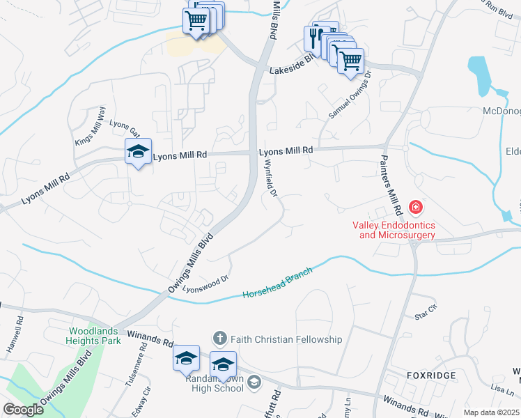 map of restaurants, bars, coffee shops, grocery stores, and more near 10 Aynesley Court in Owings Mills