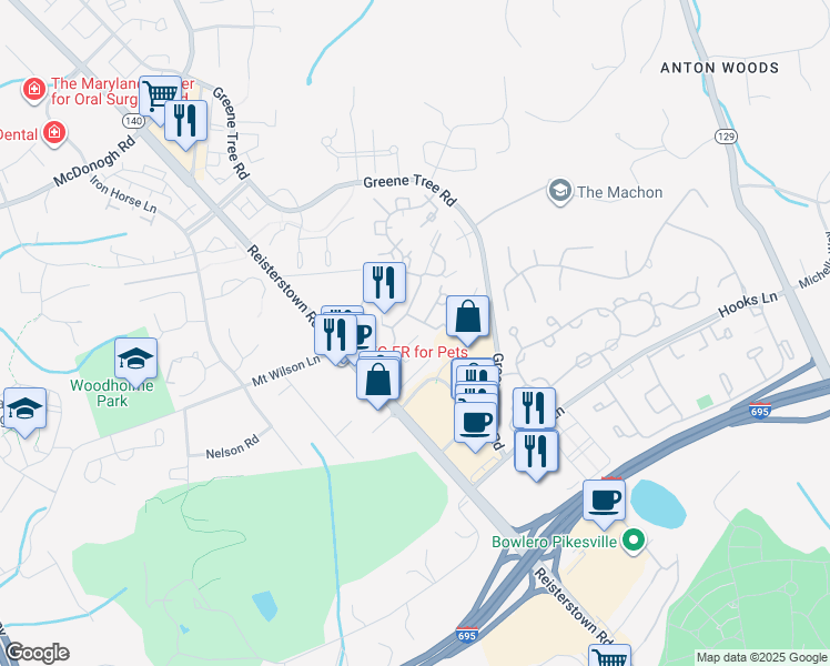 map of restaurants, bars, coffee shops, grocery stores, and more near 8821 Howard Forest Ln in Pikesville