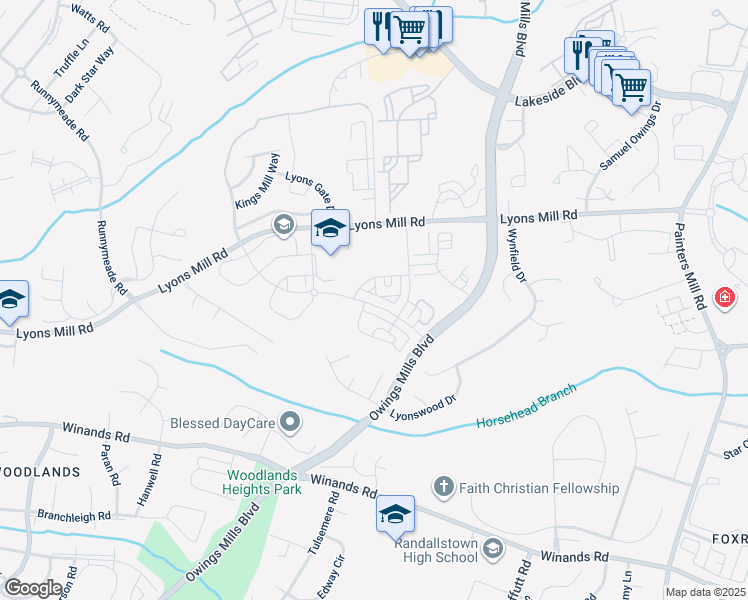 map of restaurants, bars, coffee shops, grocery stores, and more near 9450 Ballard Green Drive in Owings Mills