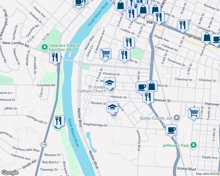 map of restaurants, bars, coffee shops, grocery stores, and more near 178 Washington Street in Hamilton