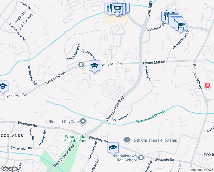 map of restaurants, bars, coffee shops, grocery stores, and more near 9450 Ballard Green Drive in Owings Mills