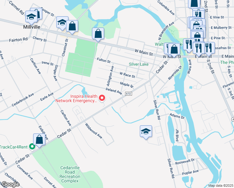 map of restaurants, bars, coffee shops, grocery stores, and more near 411 Ireland Avenue in Millville