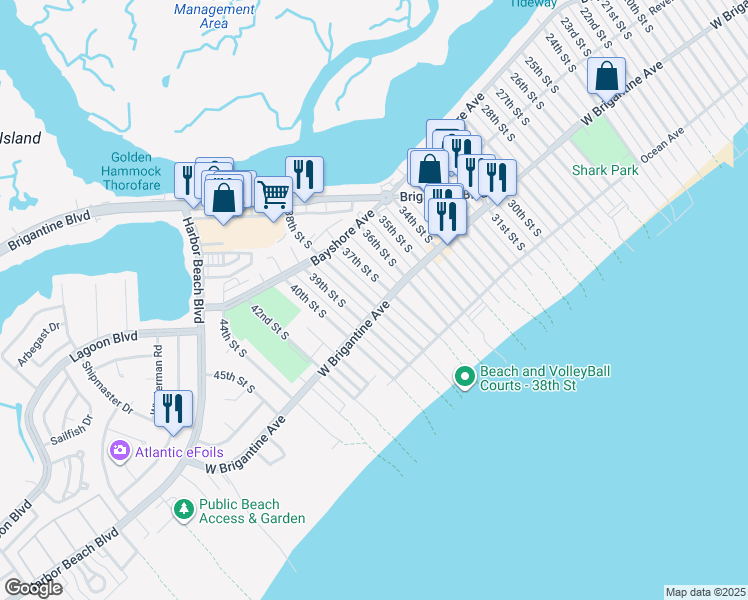 map of restaurants, bars, coffee shops, grocery stores, and more near 3701 West Brigantine Avenue in Brigantine
