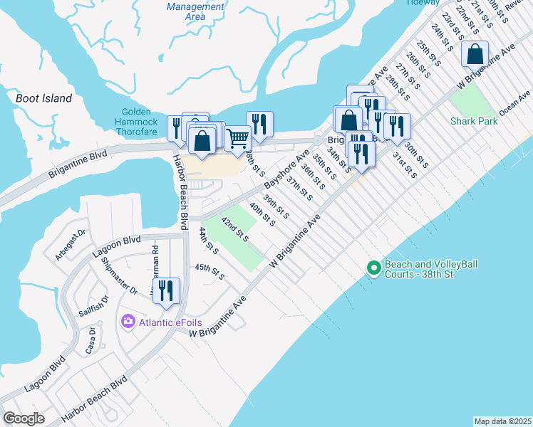 map of restaurants, bars, coffee shops, grocery stores, and more near 245 40th Street South in Brigantine