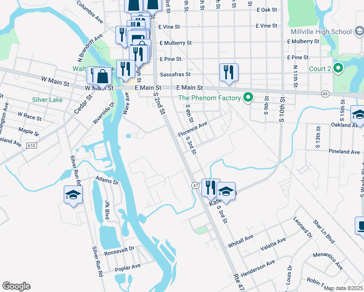 map of restaurants, bars, coffee shops, grocery stores, and more near 328 South 3rd Street in Millville