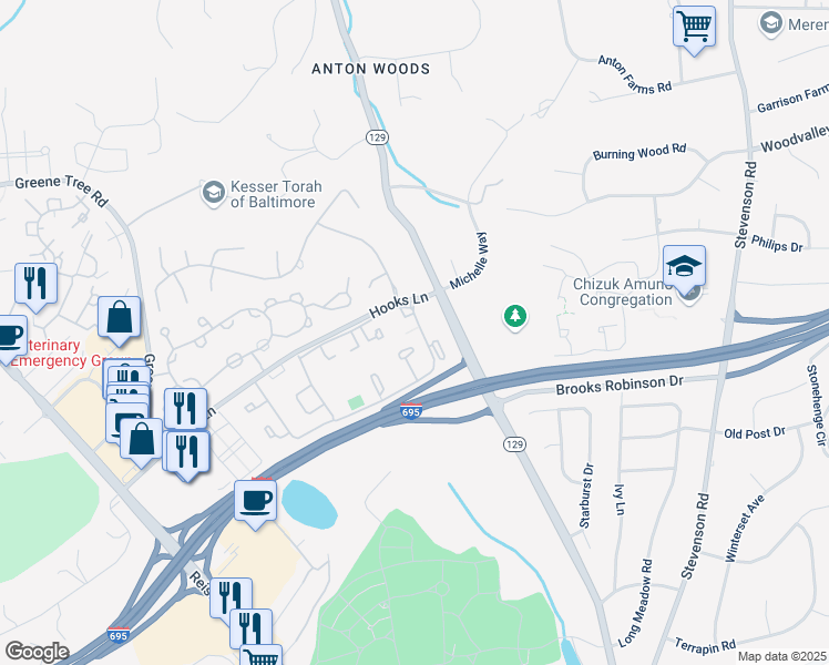map of restaurants, bars, coffee shops, grocery stores, and more near 16 Fencepost Court in Pikesville