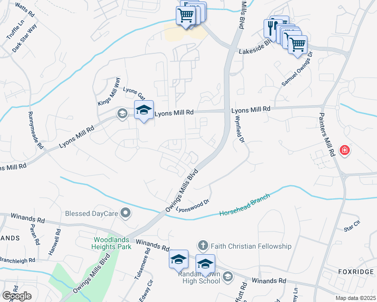 map of restaurants, bars, coffee shops, grocery stores, and more near 4321 Plinlimmon Drive in Owings Mills