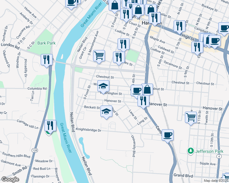 map of restaurants, bars, coffee shops, grocery stores, and more near 230 Washington Street in Hamilton