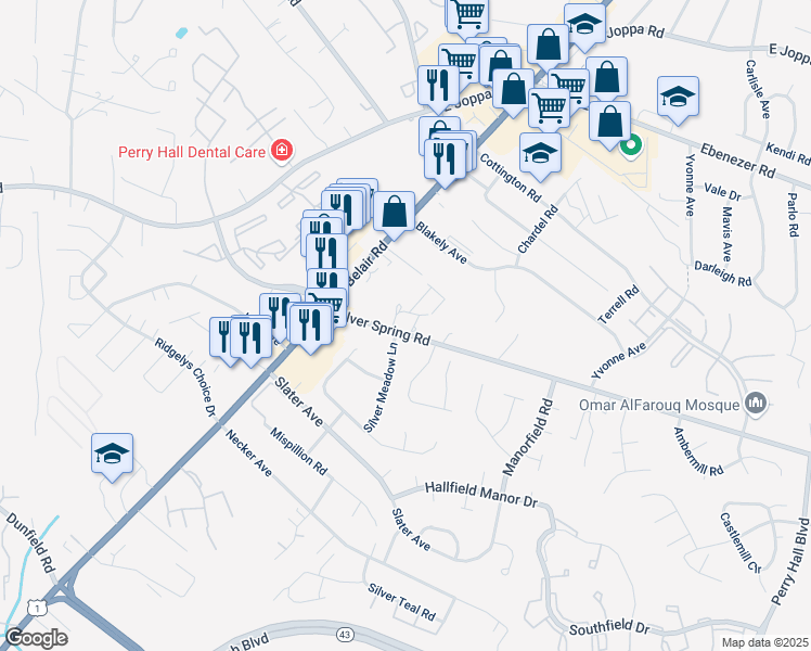 map of restaurants, bars, coffee shops, grocery stores, and more near 4220 Silver Spring Road in Perry Hall