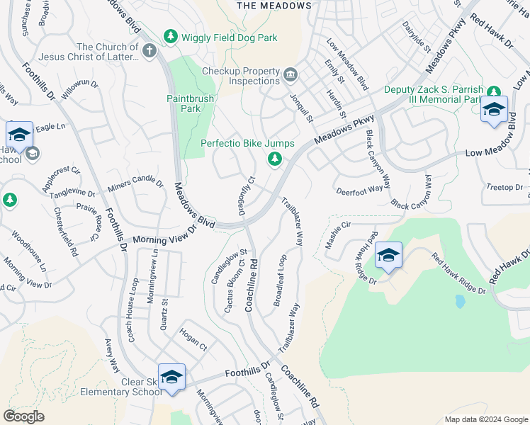 map of restaurants, bars, coffee shops, grocery stores, and more near 2588 Meadows Parkway in Castle Rock