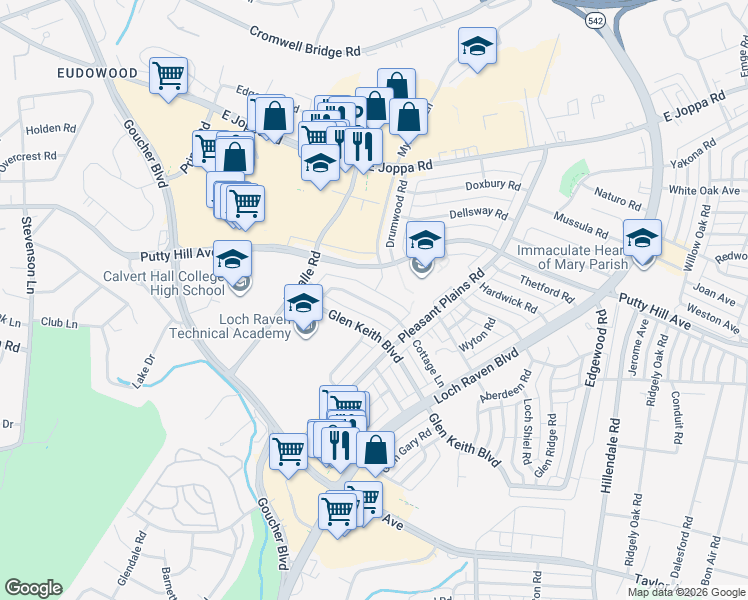 map of restaurants, bars, coffee shops, grocery stores, and more near 1556 Cottage Lane in Towson