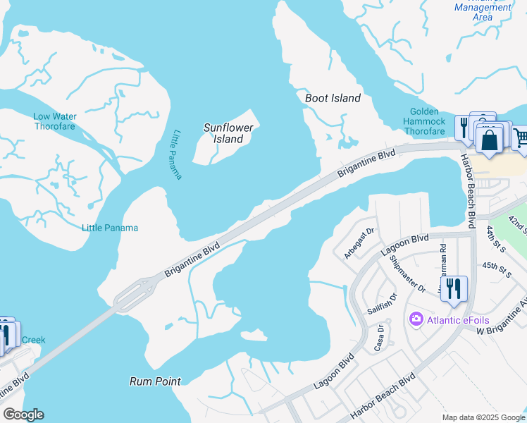map of restaurants, bars, coffee shops, grocery stores, and more near 4615 Atlantic Brigantine Boulevard in Brigantine