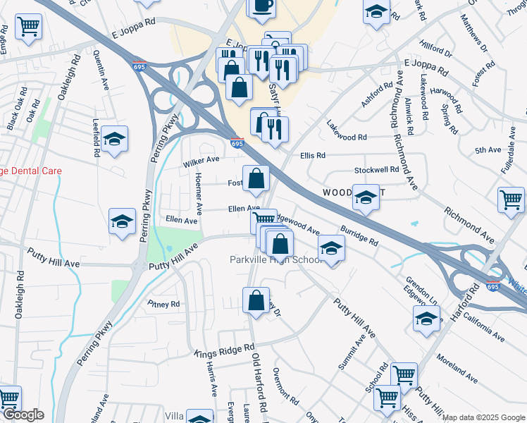map of restaurants, bars, coffee shops, grocery stores, and more near 8612 Old Harford Rd in Parkville