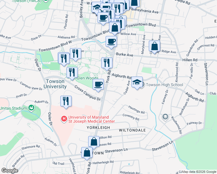 map of restaurants, bars, coffee shops, grocery stores, and more near 7905 York Road in Towson