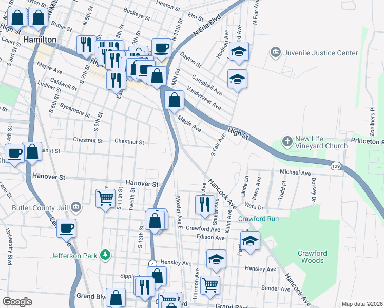 map of restaurants, bars, coffee shops, grocery stores, and more near 216 Hancock Avenue in Hamilton