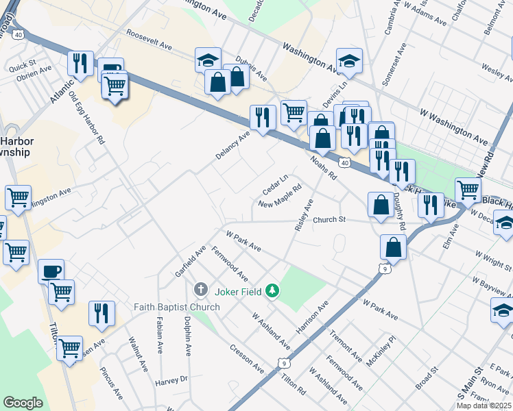 map of restaurants, bars, coffee shops, grocery stores, and more near 842 Cedar Lane in Pleasantville