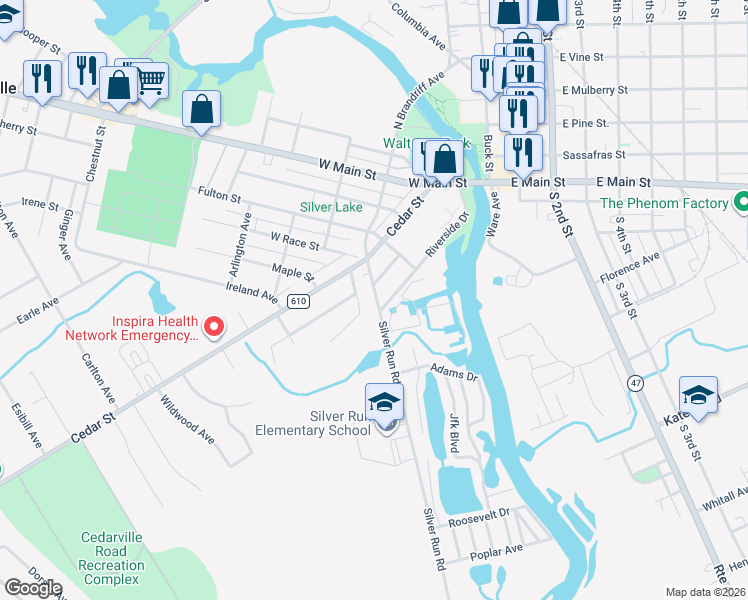 map of restaurants, bars, coffee shops, grocery stores, and more near 34 South Race Street in Millville