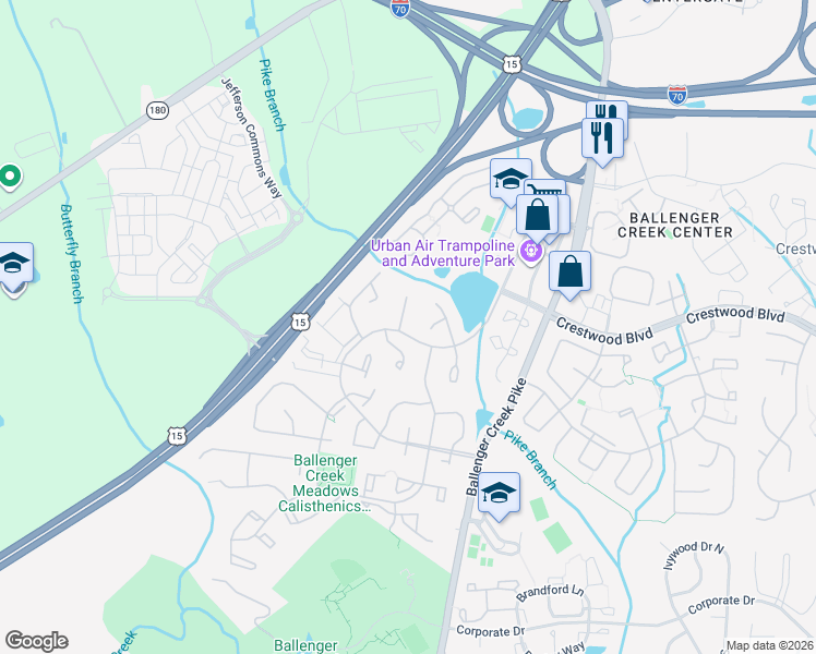 map of restaurants, bars, coffee shops, grocery stores, and more near 5721 Crestridge Court in Frederick