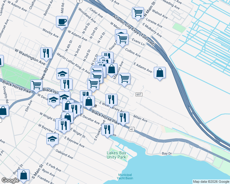 map of restaurants, bars, coffee shops, grocery stores, and more near 7 North Franklin Boulevard in Pleasantville