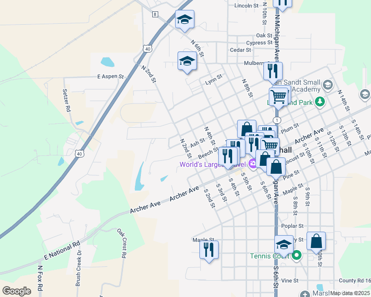 map of restaurants, bars, coffee shops, grocery stores, and more near 400 North 2nd Street in Marshall