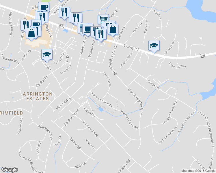map of restaurants, bars, coffee shops, grocery stores, and more near 2031 Sherryl Avenue in Eldersburg