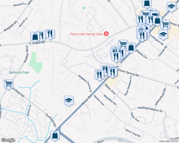 map of restaurants, bars, coffee shops, grocery stores, and more near 4108 Slater Avenue in Perry Hall