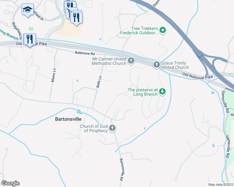 map of restaurants, bars, coffee shops, grocery stores, and more near 5736 Little Spring Way in Frederick